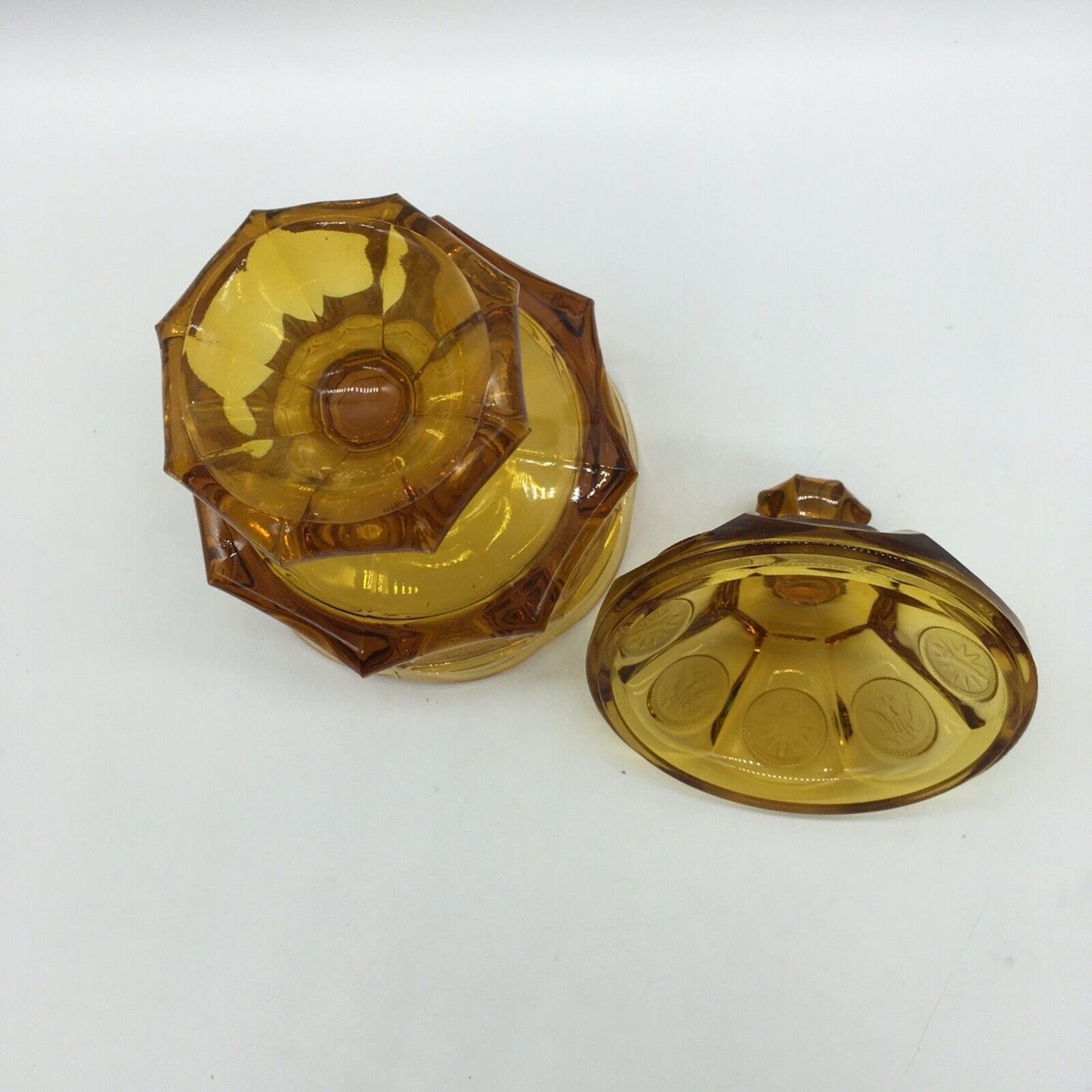 Fostoria Coin Pedestal Candy Dish Lid Golden Honey Amber Vintage Eagle Torch
