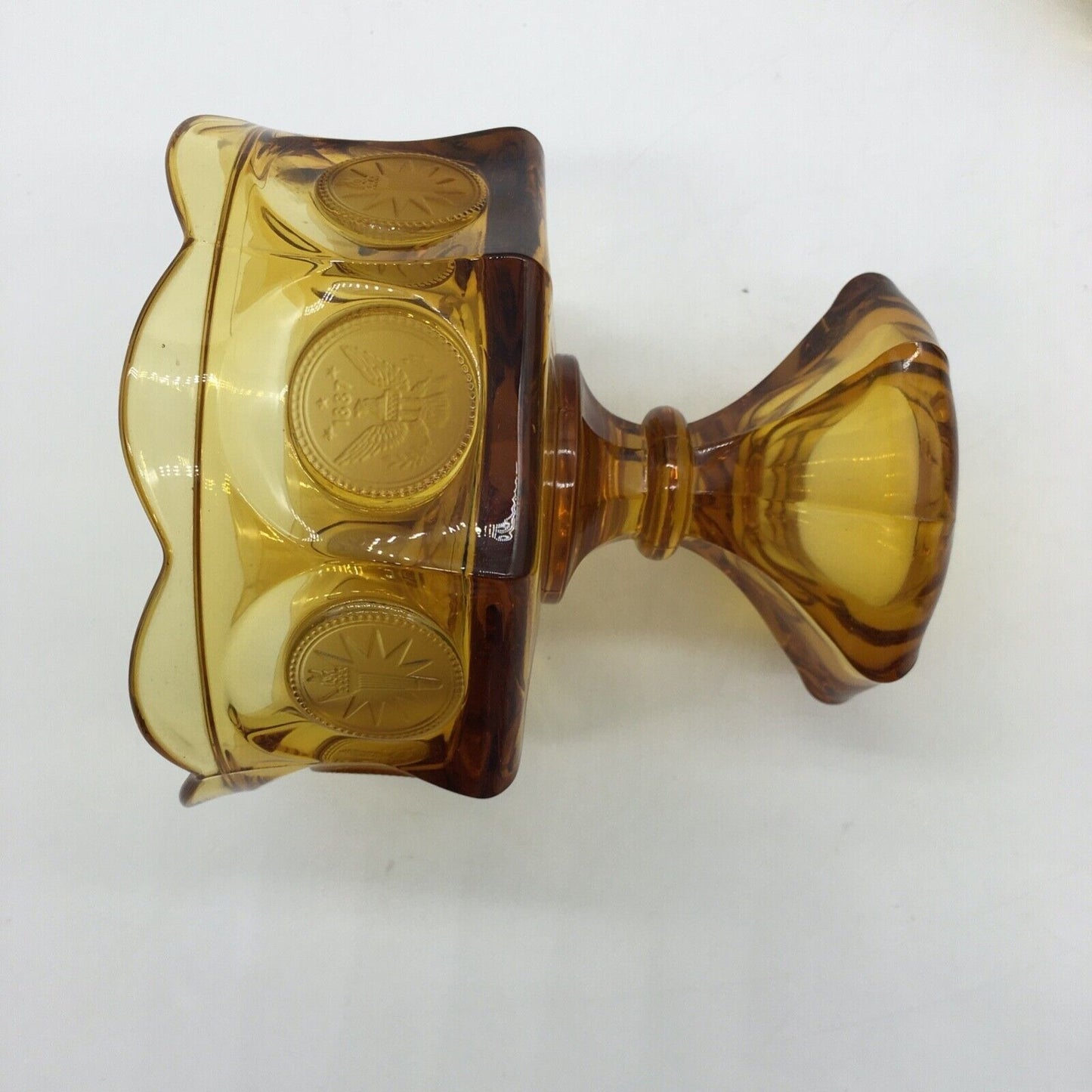 Fostoria Coin Pedestal Candy Dish Lid Golden Honey Amber Vintage Eagle Torch