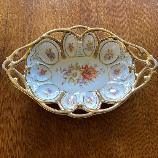 Porcelain Centerpiece Fruit Bowl Open Work Hand Painted Floral Gold Trim Vintage