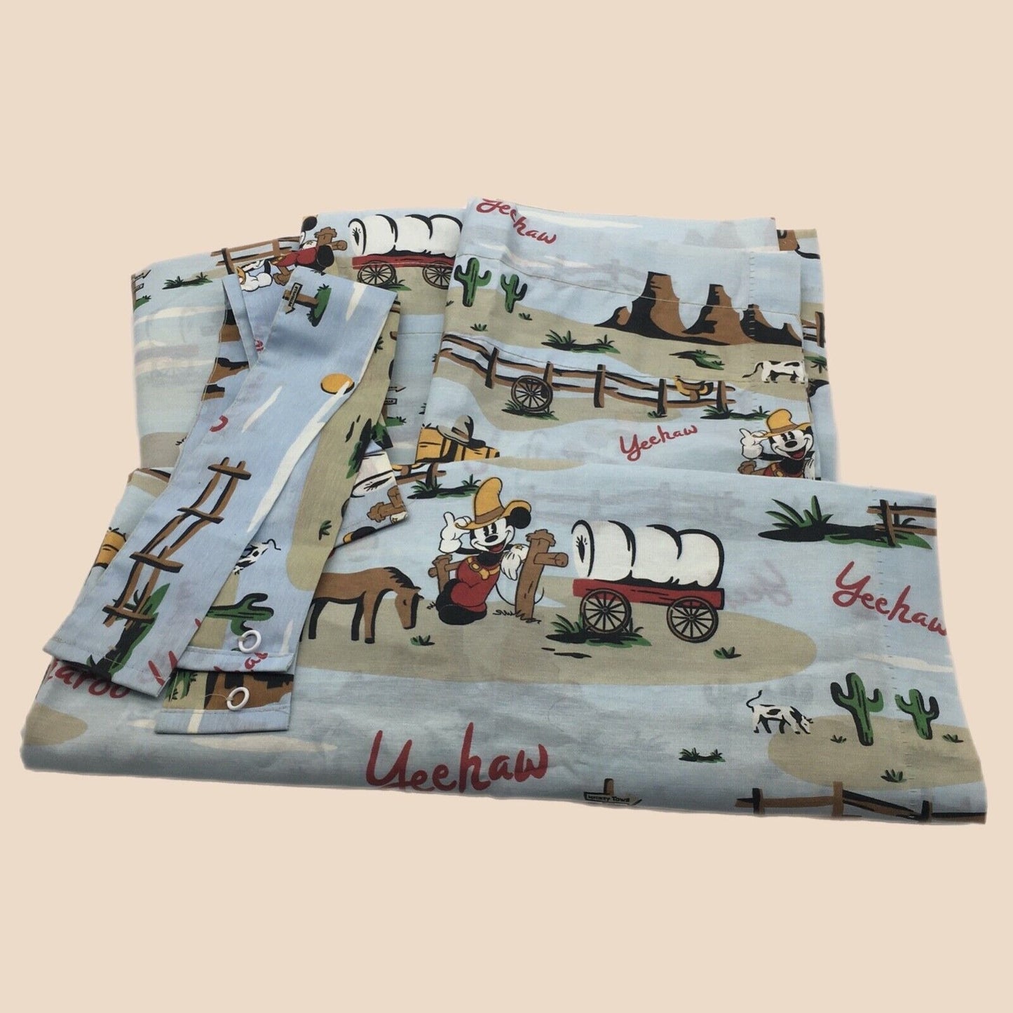 Disney Home Drapery Lil Buckaroo Mickey Cowboy Western Ranch 4 Panels 4 Tie Back
