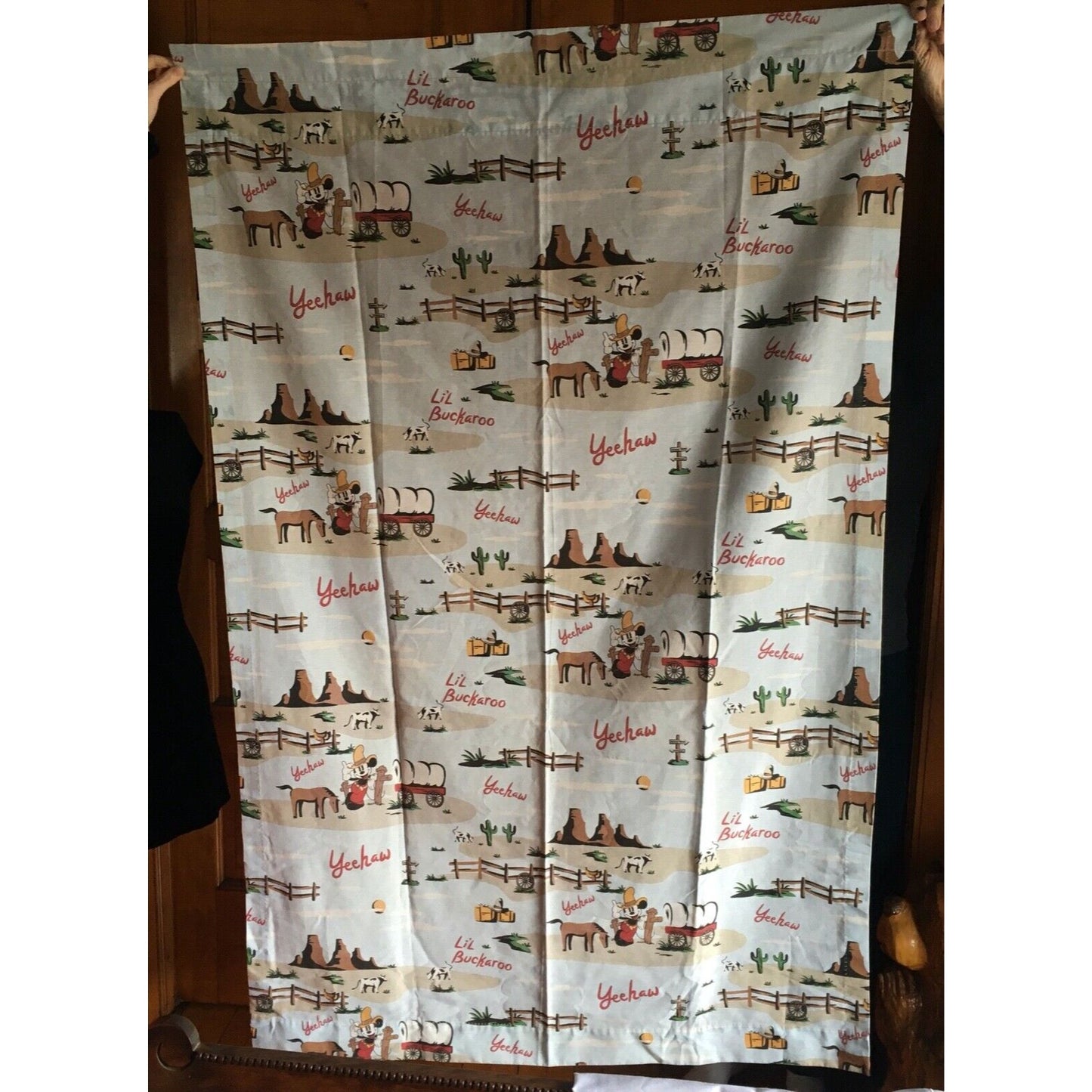 Disney Home Drapery Lil Buckaroo Mickey Cowboy Western Ranch 4 Panels 4 Tie Back