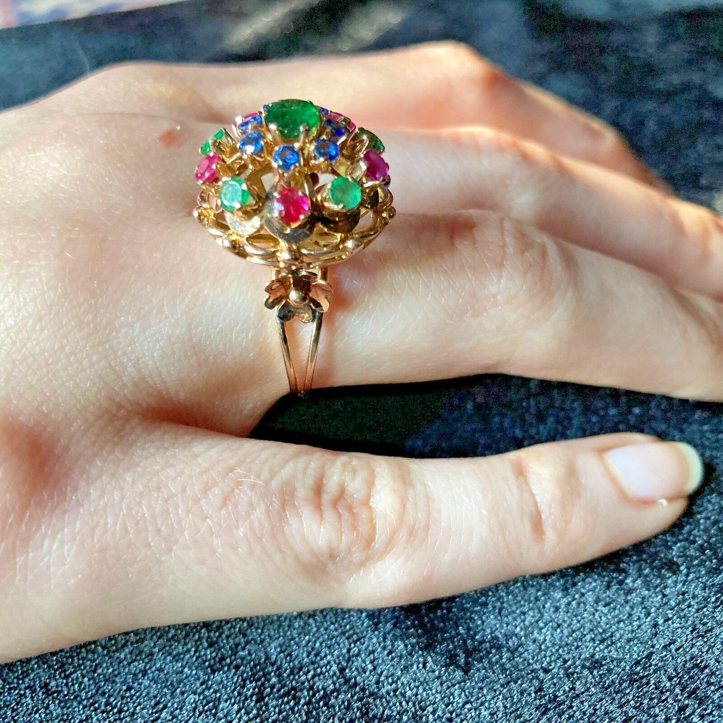 Vintage Cocktail Ring Emerald Sapphire Ruby Precious Gems Cluster Dome Size 6.25