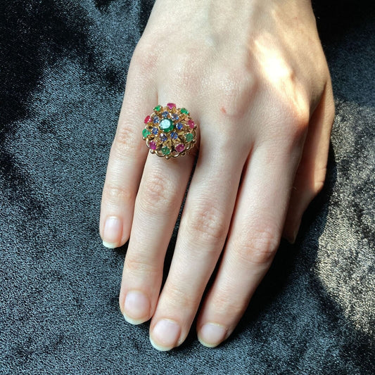 Vintage Cocktail Ring Emerald Sapphire Ruby Precious Gems Cluster Dome Size 6.5