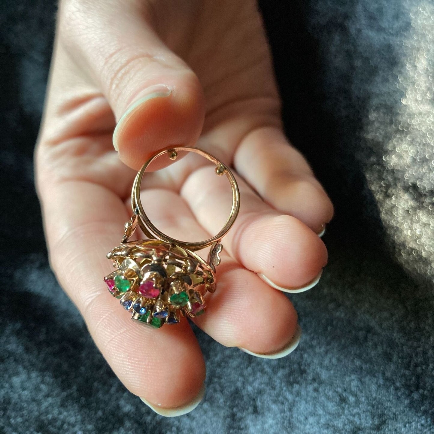 Vintage Cocktail Ring Emerald Sapphire Ruby Precious Gems Cluster Dome Size 6.25