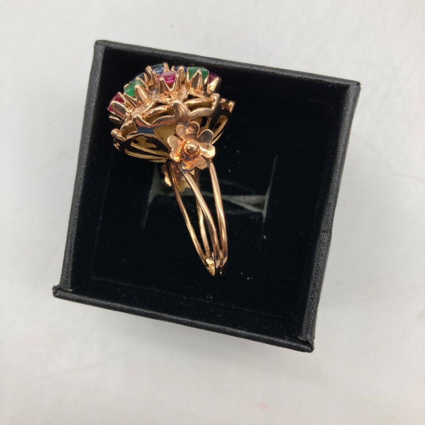 Vintage Cocktail Ring Emerald Sapphire Ruby Precious Gems Cluster Dome Size 6.25