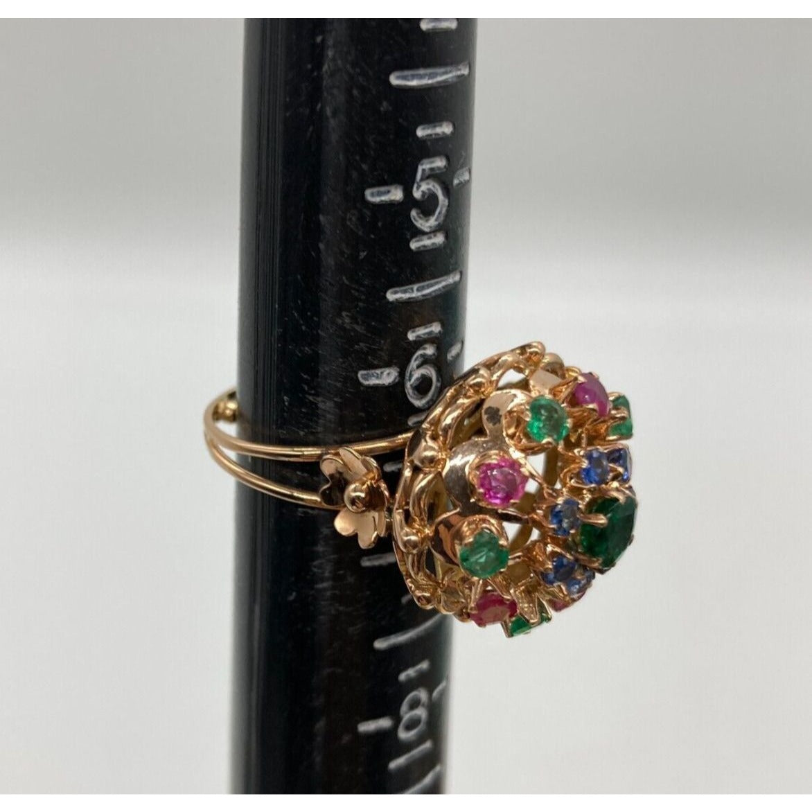 Vintage Cocktail Ring Emerald Sapphire Ruby Precious Gems Cluster Dome Size 6.25