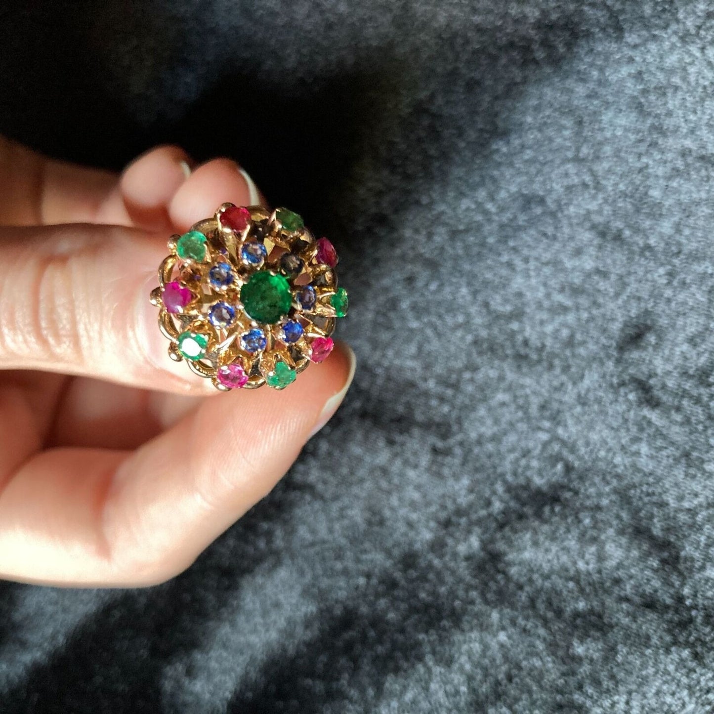 Vintage Cocktail Ring Emerald Sapphire Ruby Precious Gems Cluster Dome Size 6.25