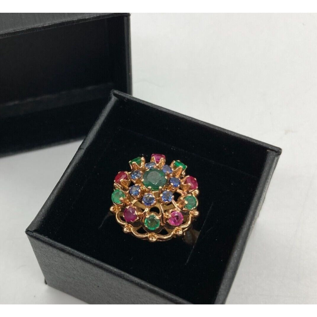 Vintage Cocktail Ring Emerald Sapphire Ruby Precious Gems Cluster Dome Size 6.25