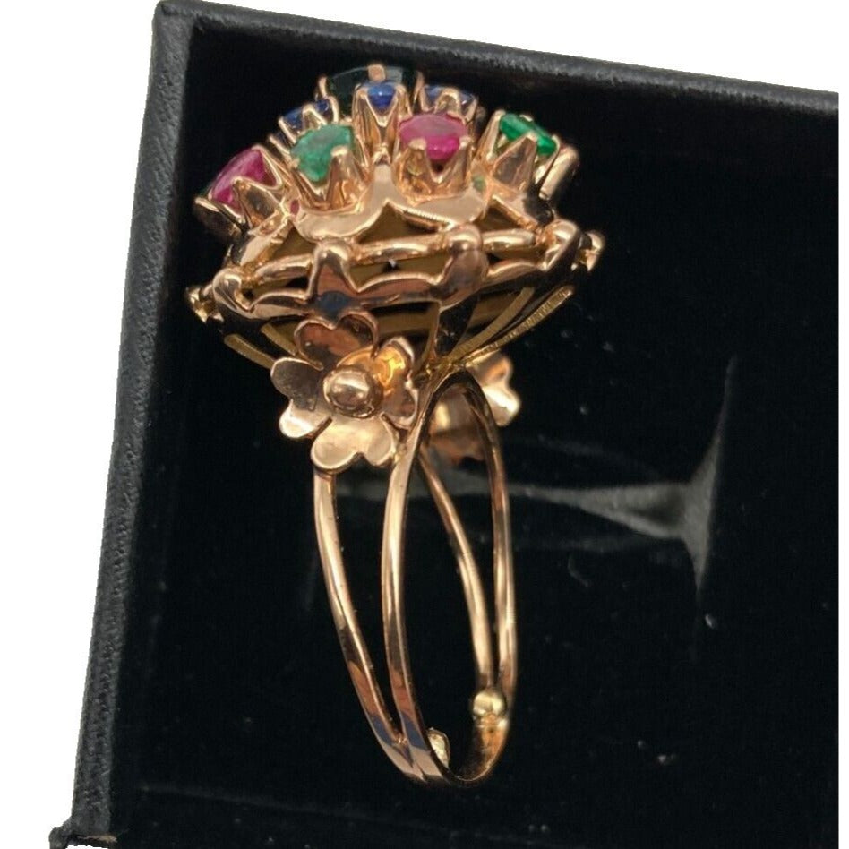 Vintage Cocktail Ring Emerald Sapphire Ruby Precious Gems Cluster Dome Size 6.25