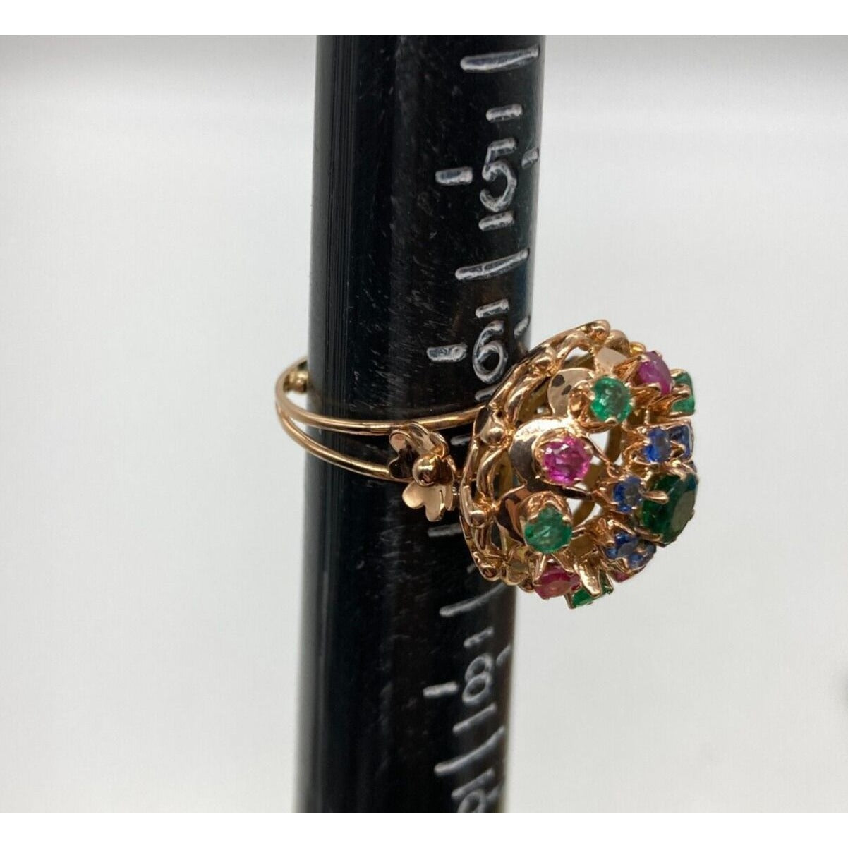 Vintage Cocktail Ring Emerald Sapphire Ruby Precious Gems Cluster Dome Size 6.25