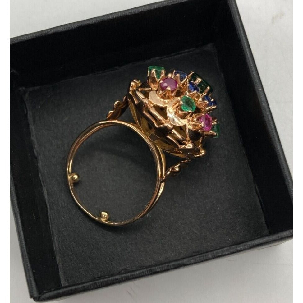 Vintage Cocktail Ring Emerald Sapphire Ruby Precious Gems Cluster Dome Size 6.25