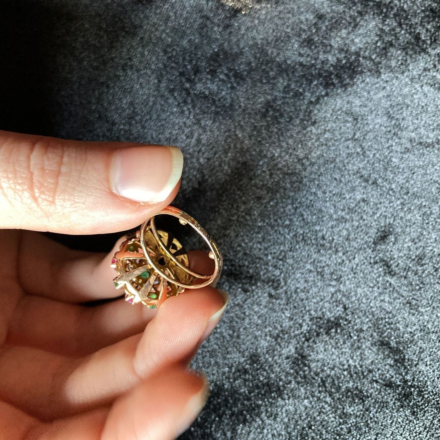 Vintage Cocktail Ring Emerald Sapphire Ruby Precious Gems Cluster Dome Size 6.25