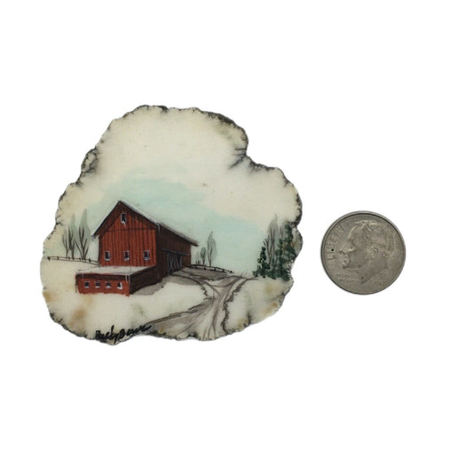 Miniature Art Rustic Barn on 2" Agate Slice Artist Signed Farm Life Winter Scene