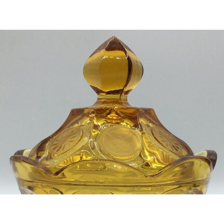 Fostoria Coin Candy Jar Lidded Golden Honey Amber Vintage Eagle Torch Patriotic