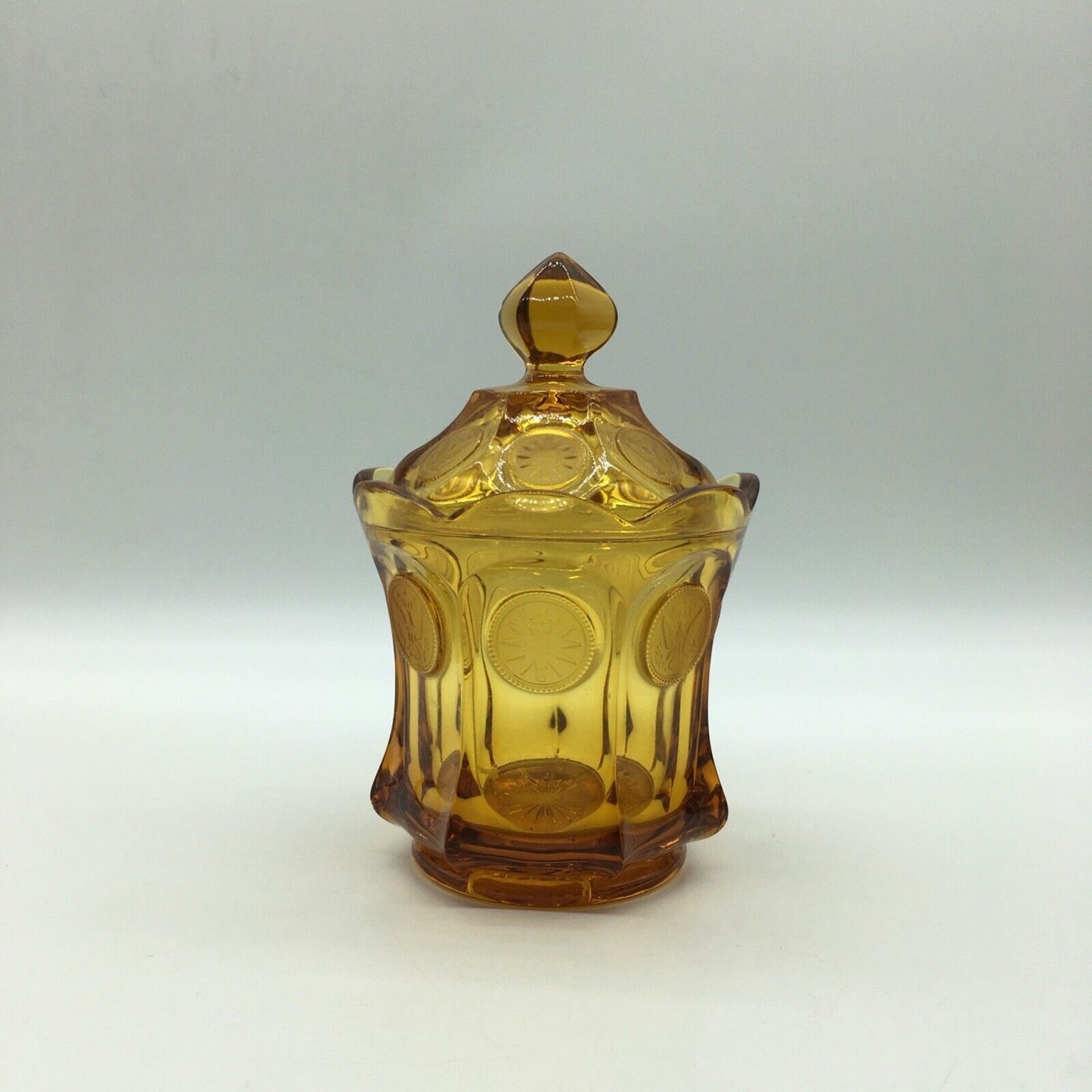 Fostoria Coin Candy Jar Lidded Golden Honey Amber Vintage Eagle Torch Patriotic