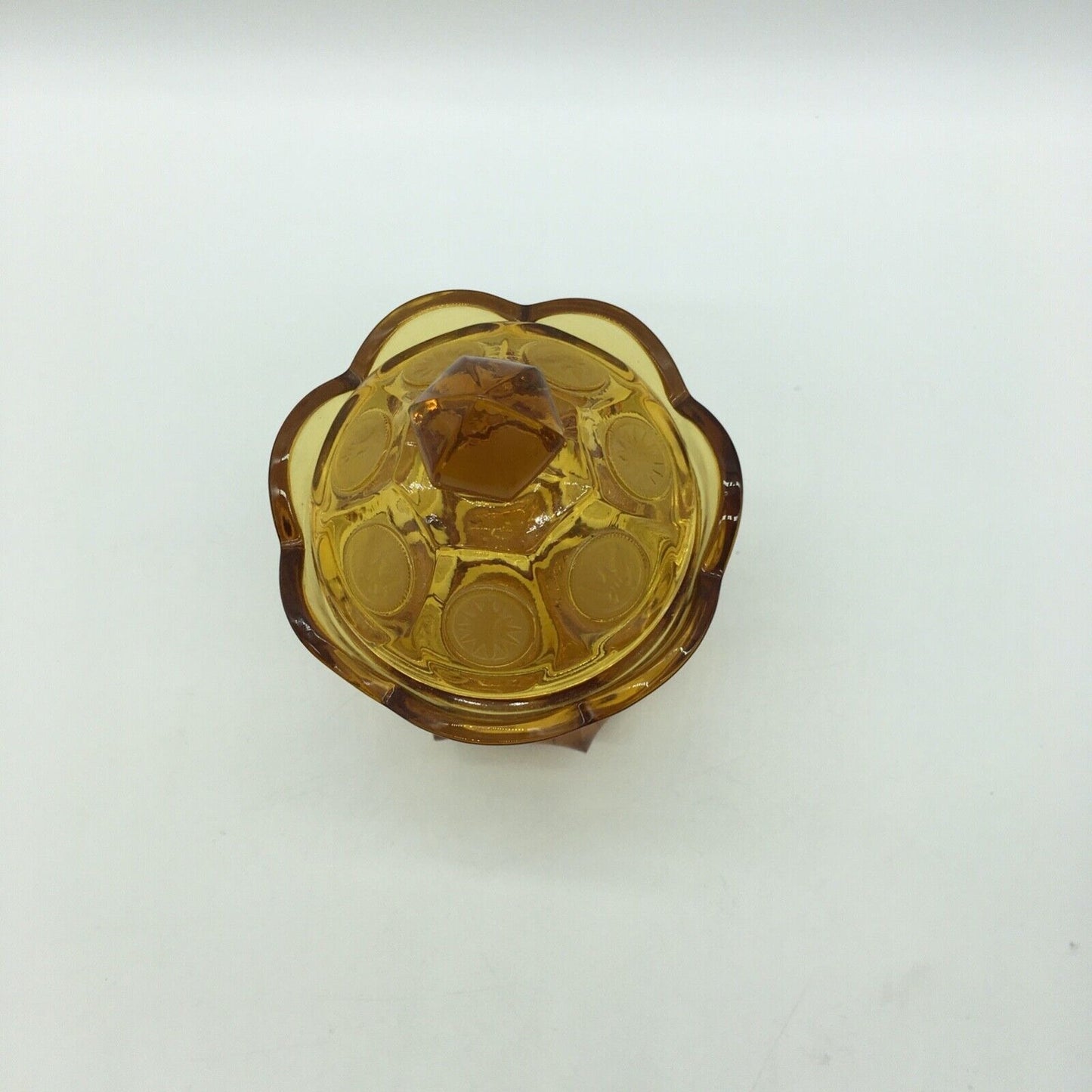 Fostoria Coin Candy Jar Lidded Golden Honey Amber Vintage Eagle Torch Patriotic