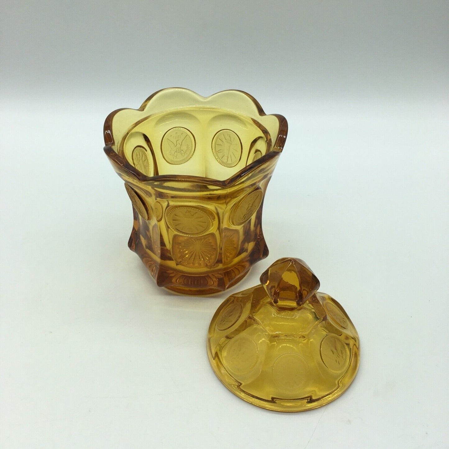 Fostoria Coin Candy Jar Lidded Golden Honey Amber Vintage Eagle Torch Patriotic