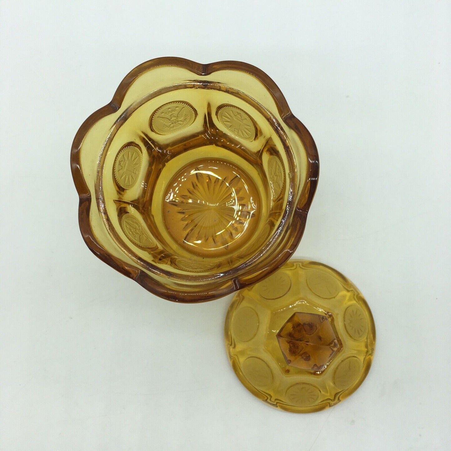 Fostoria Coin Candy Jar Lidded Golden Honey Amber Vintage Eagle Torch Patriotic