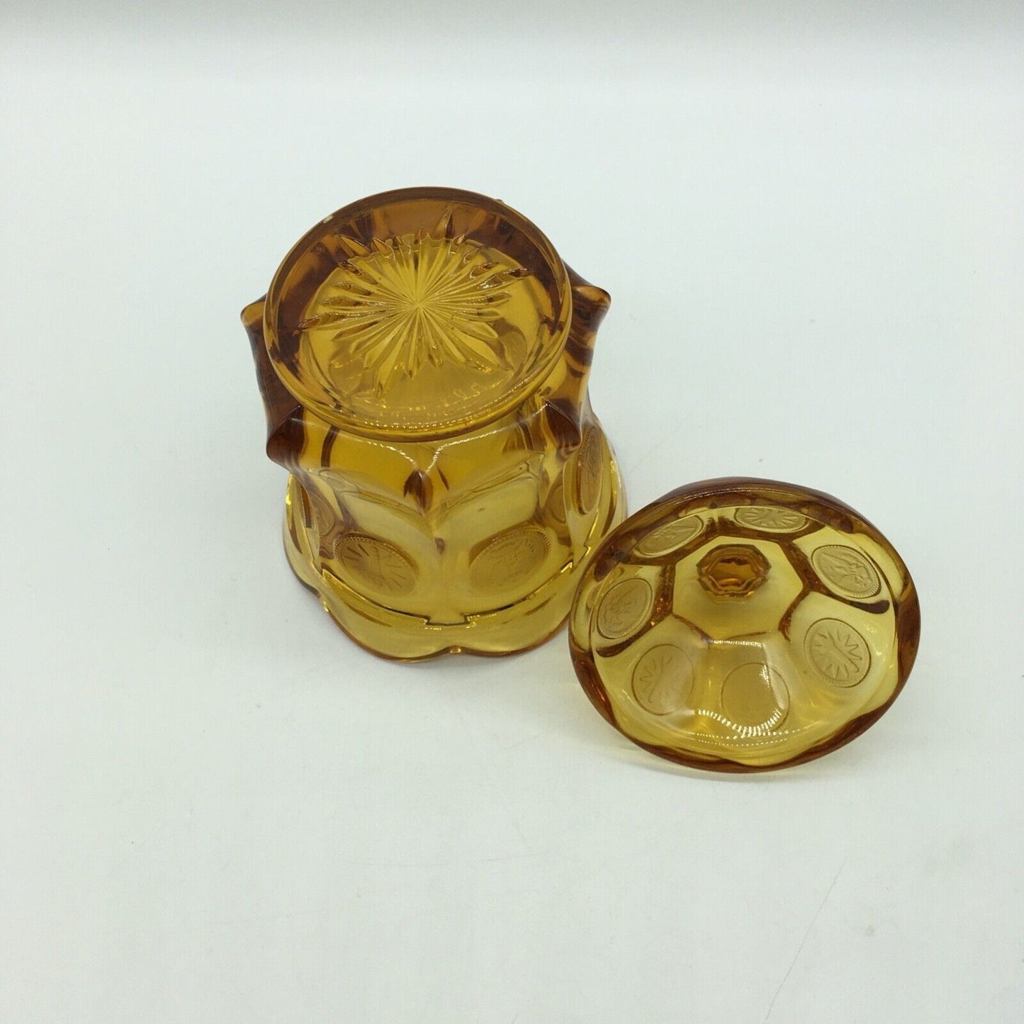 Fostoria Coin Candy Jar Lidded Golden Honey Amber Vintage Eagle Torch Patriotic