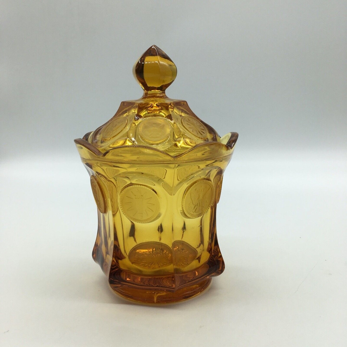 Fostoria Coin Candy Jar Lidded Golden Honey Amber Vintage Eagle Torch Patriotic