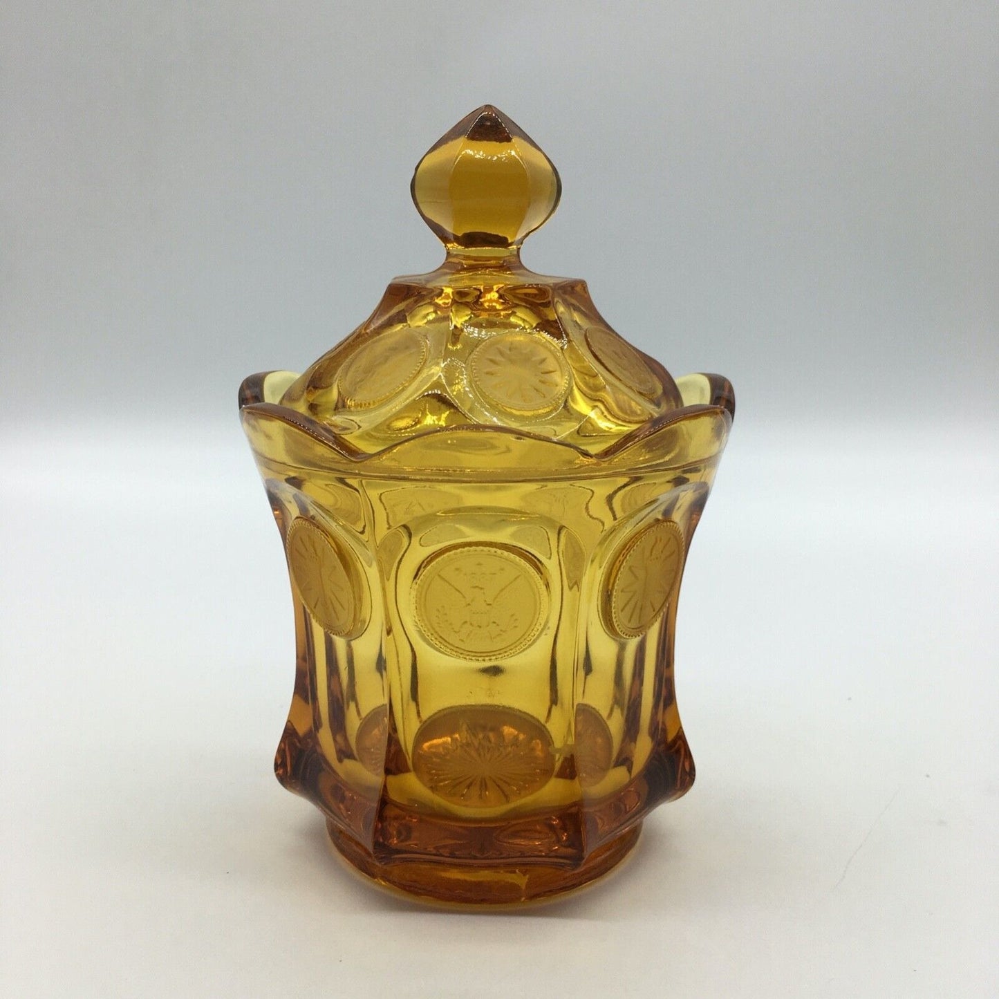 Fostoria Coin Candy Jar Lidded Golden Honey Amber Vintage Eagle Torch Patriotic