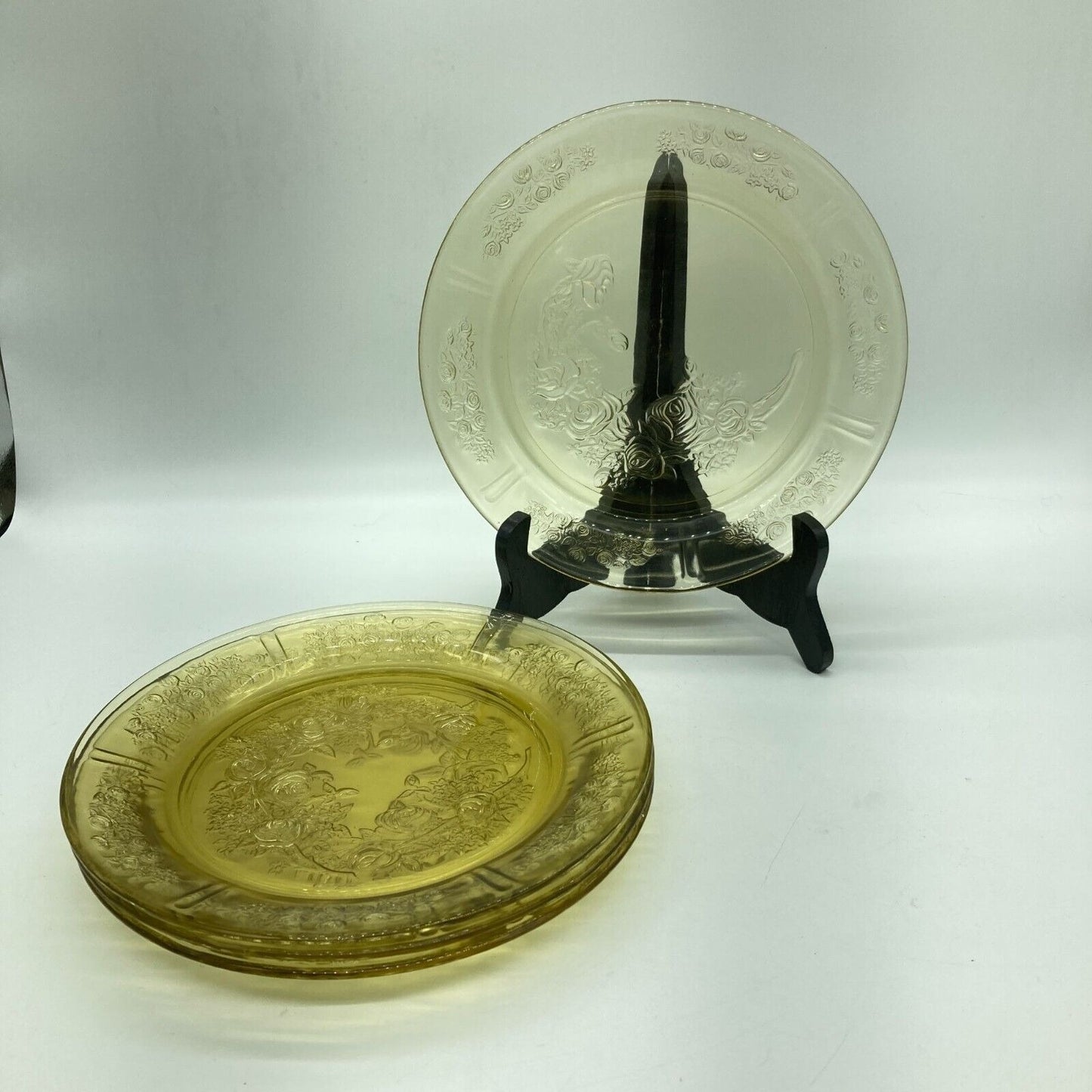Vintage Federal Glass Co. Luncheon Plates Set 4 Yellow Sharon Cabbage Rose 9"dia