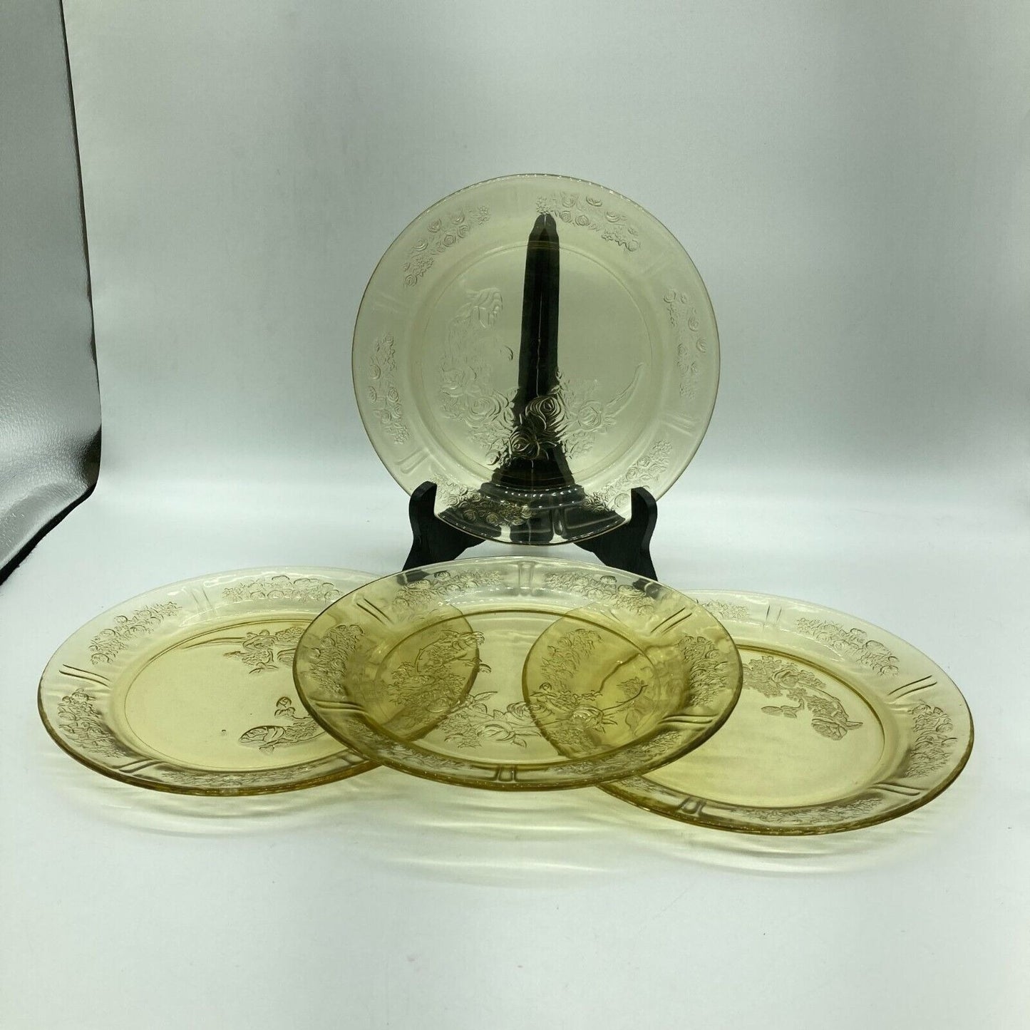 Vintage Federal Glass Co. Luncheon Plates Set 4 Yellow Sharon Cabbage Rose 9"dia