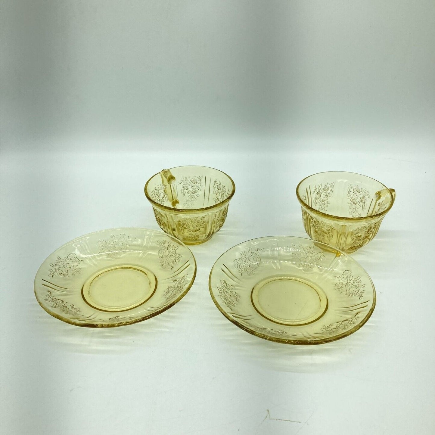 Vintage Federal Glass Co. Sharon Cabbage Rose Yellow 2 Tea Cups & Saucers Sunny