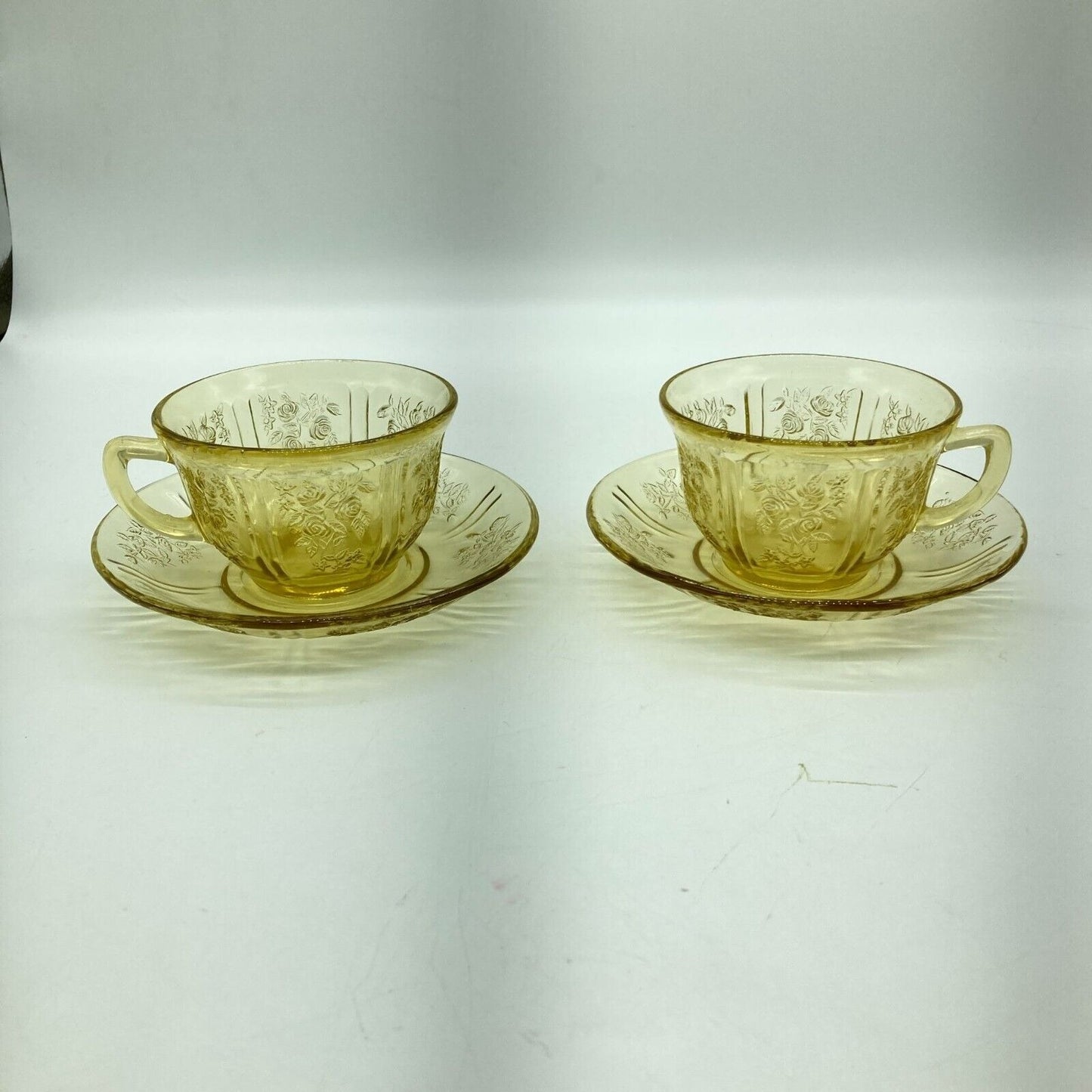 Vintage Federal Glass Co. Sharon Cabbage Rose Yellow 2 Tea Cups & Saucers Sunny