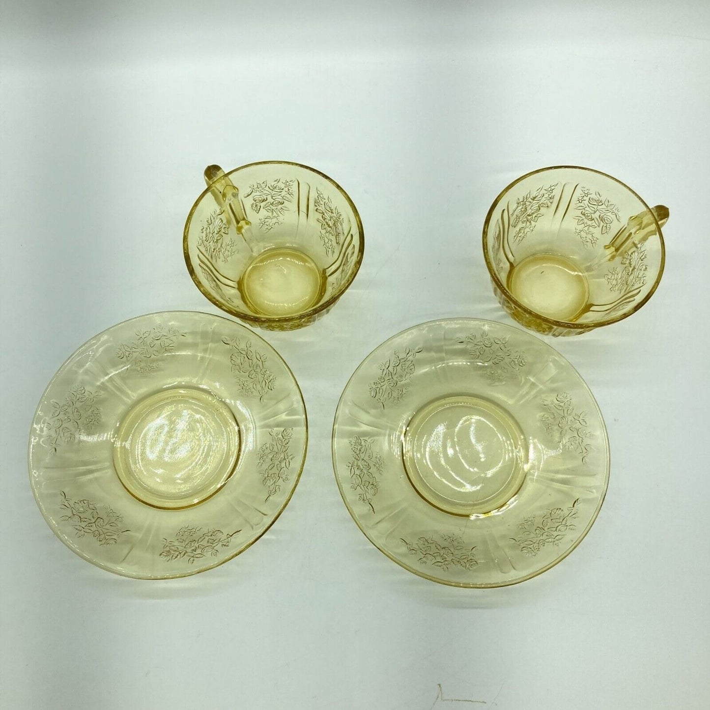 Vintage Federal Glass Co. Sharon Cabbage Rose Yellow 2 Tea Cups & Saucers Sunny