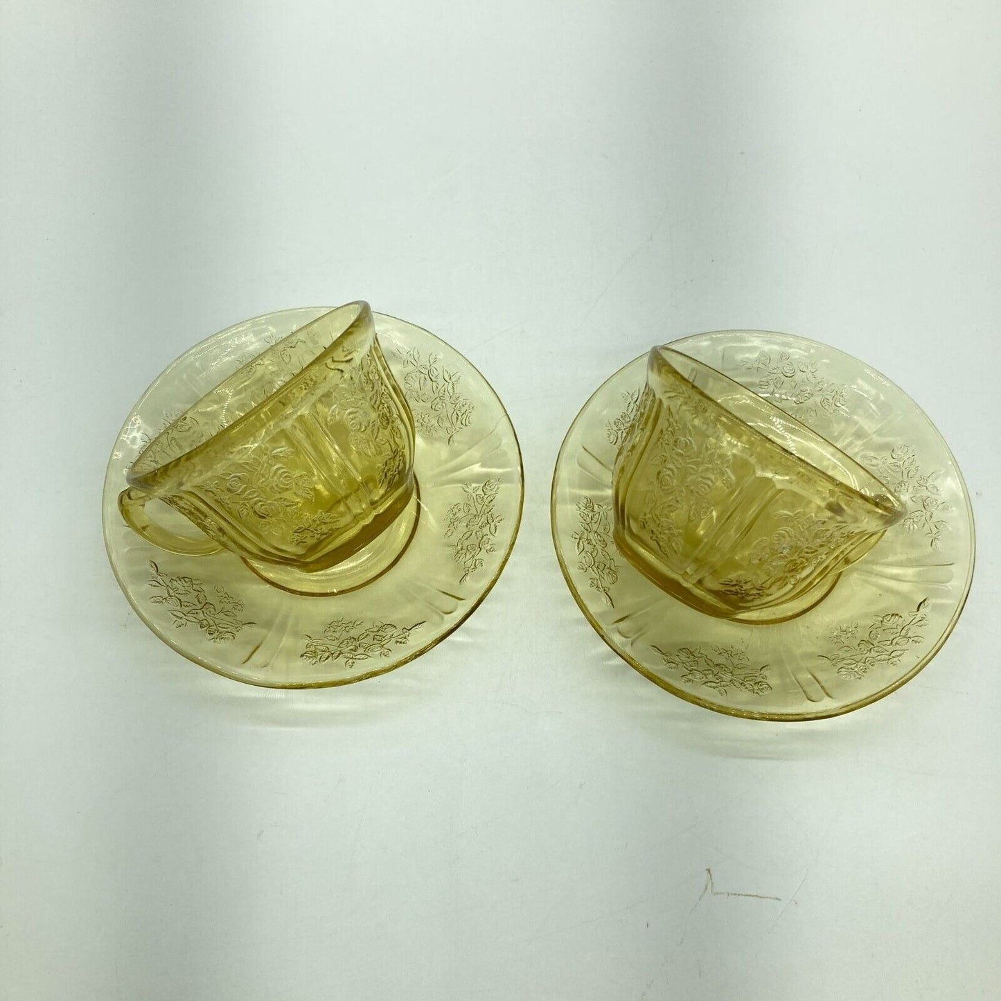 Vintage Federal Glass Co. Sharon Cabbage Rose Yellow 2 Tea Cups & Saucers Sunny