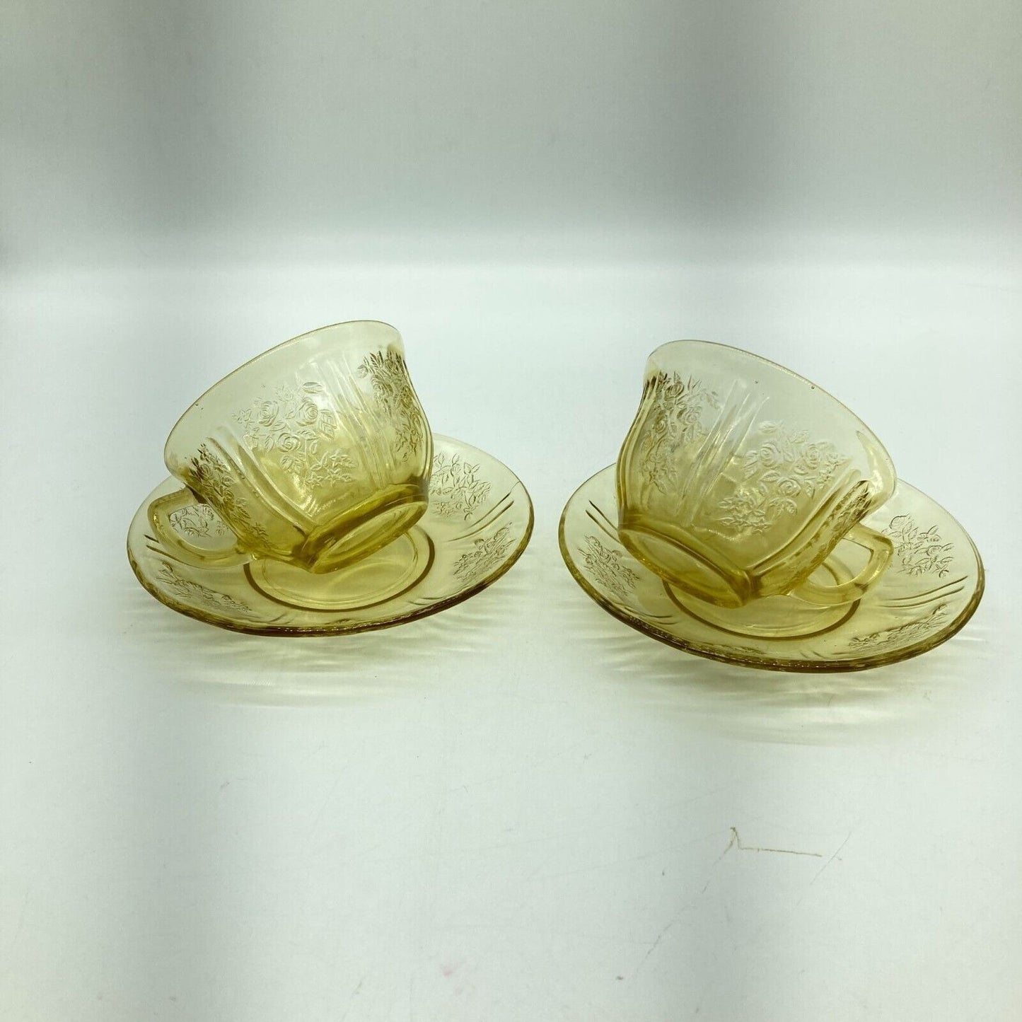 Vintage Federal Glass Co. Sharon Cabbage Rose Yellow 2 Tea Cups & Saucers Sunny