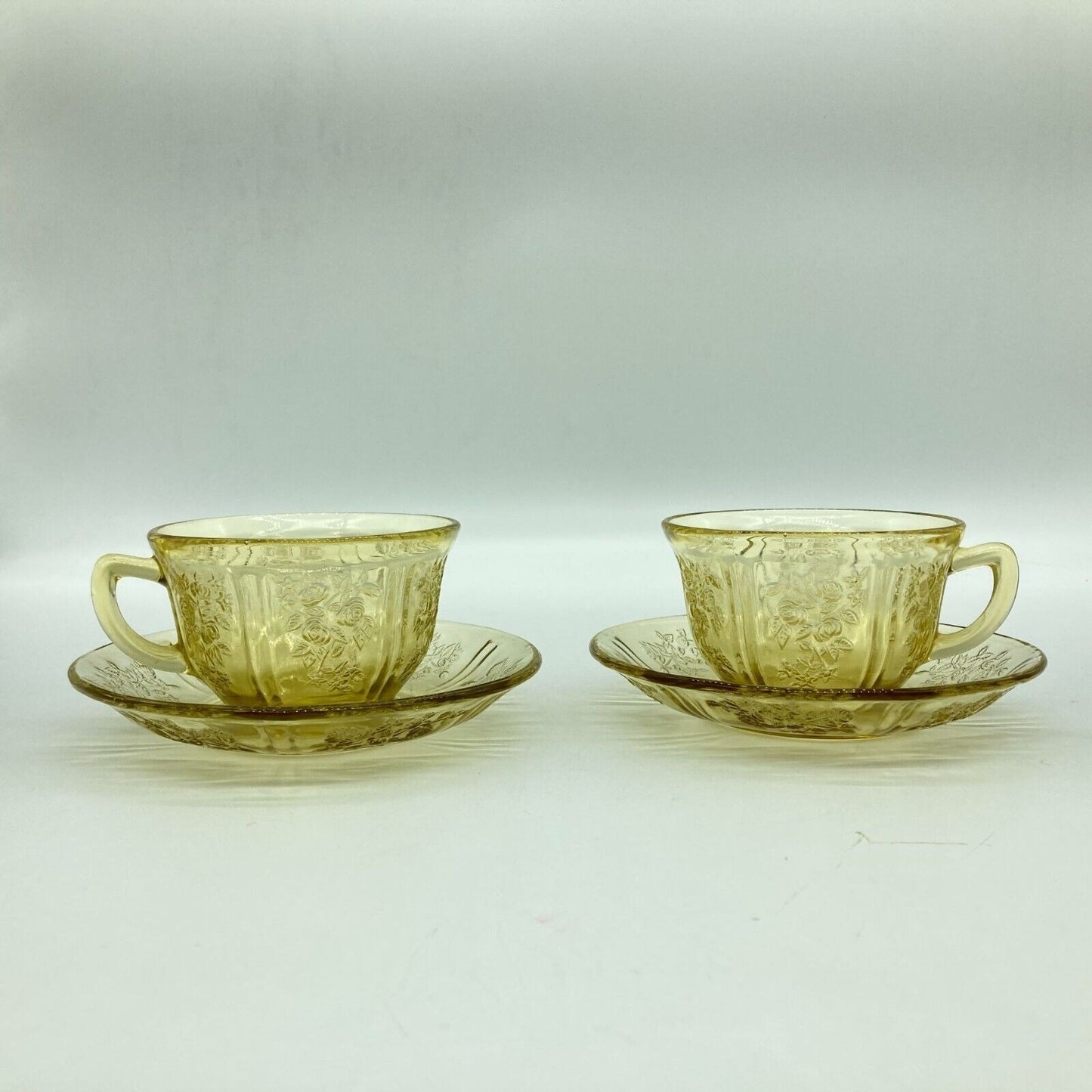 Vintage Federal Glass Co. Sharon Cabbage Rose Yellow 2 Tea Cups & Saucers Sunny