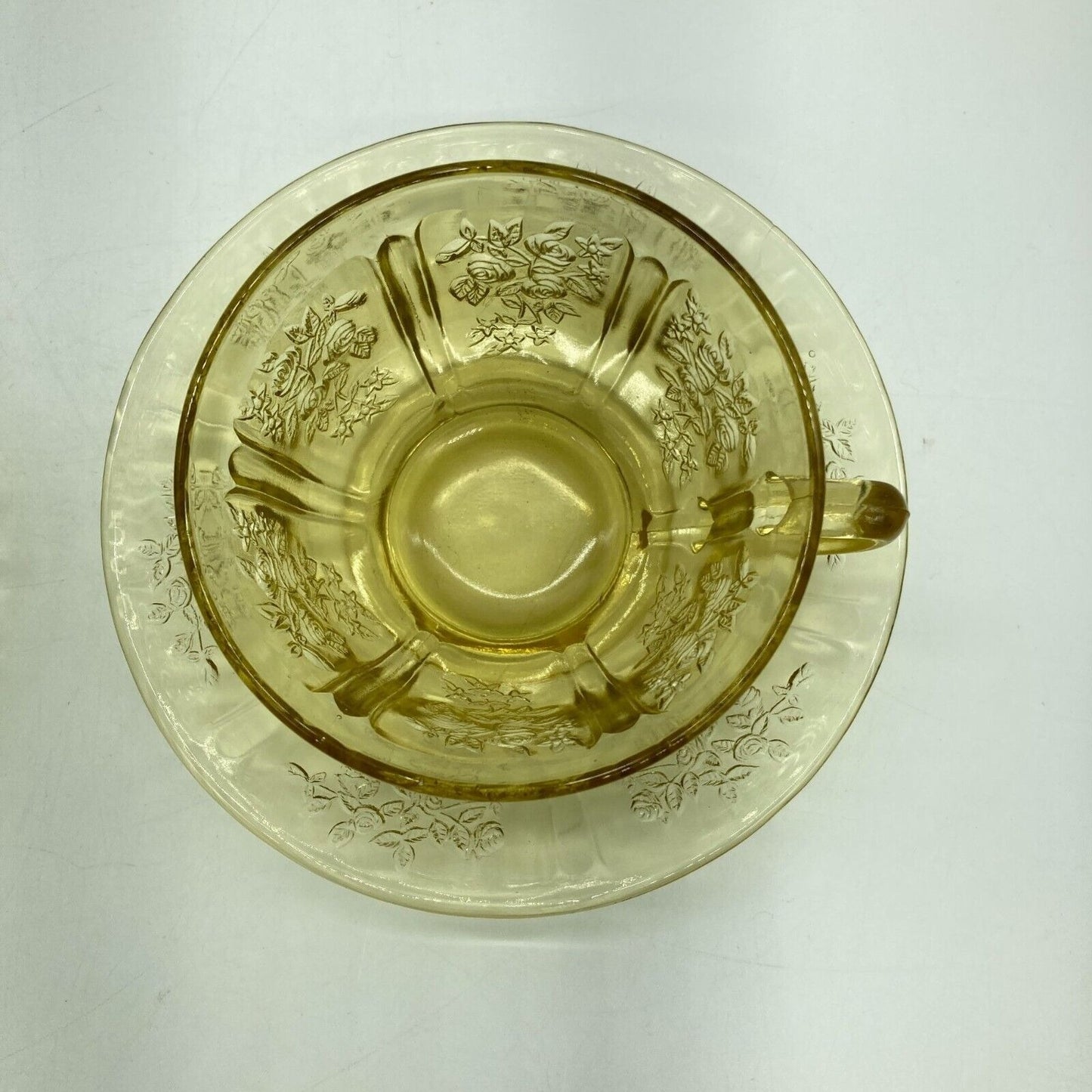 Vintage Federal Glass Co. Sharon Cabbage Rose Yellow 2 Tea Cups & Saucers Sunny
