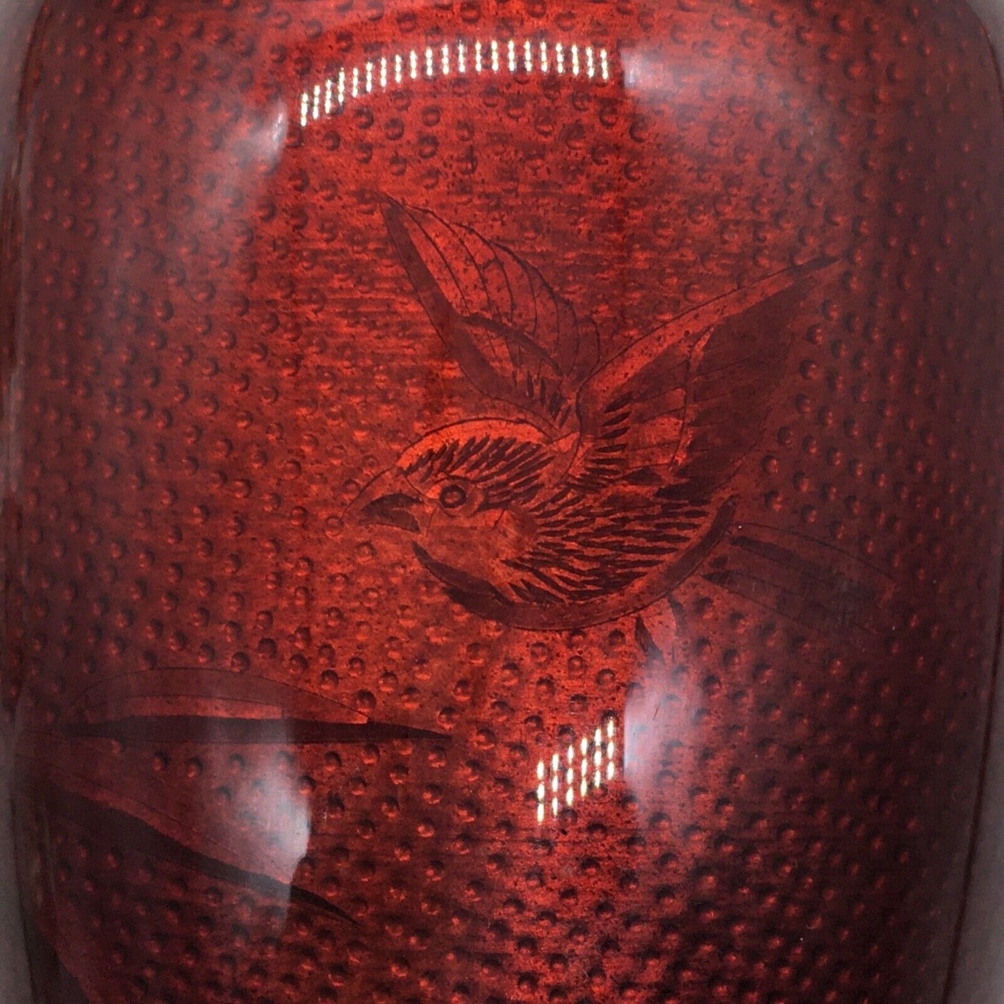 Vintage Floral Cloisonné 7.25" Vase Pigeon Blood Red Imbedded Bird Bamboo Japan