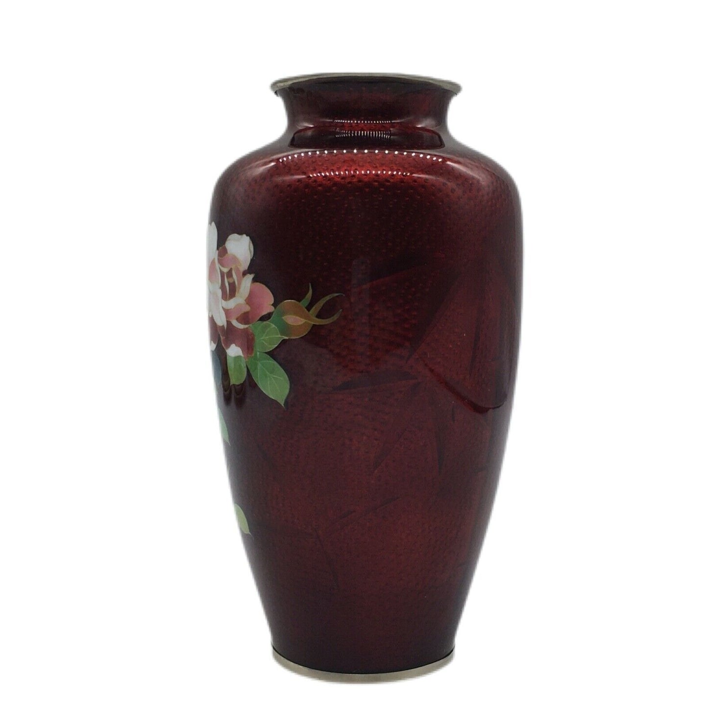 Vintage Floral Cloisonné 7.25" Vase Pigeon Blood Red Imbedded Bird Bamboo Japan