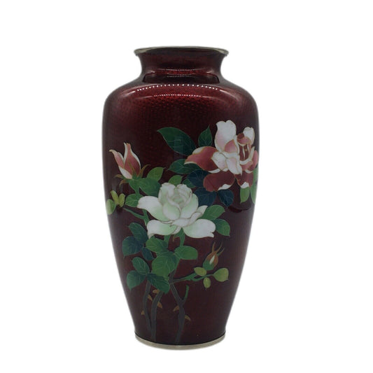 Vintage Floral Cloisonné 7.25" Vase Pigeon Blood Red Imbedded Bird Bamboo Japan