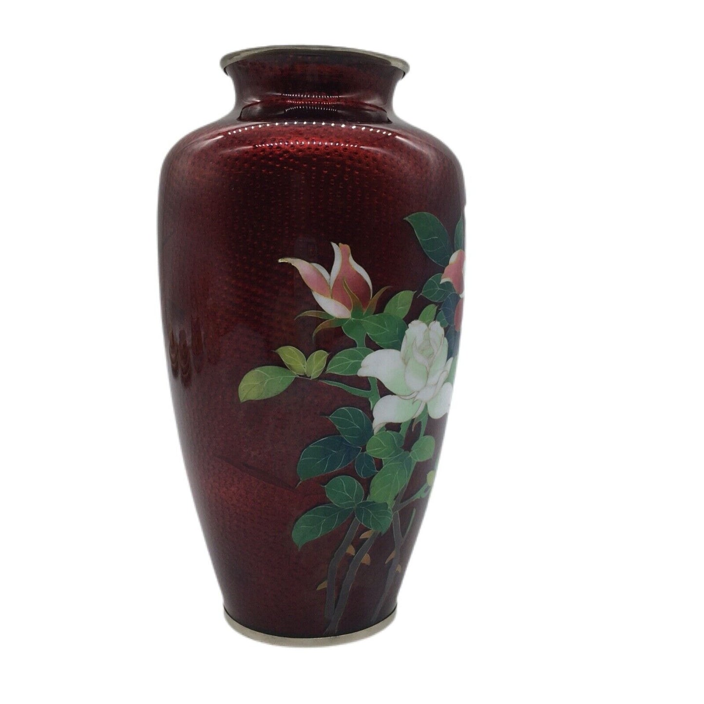 Vintage Floral Cloisonné 7.25" Vase Pigeon Blood Red Imbedded Bird Bamboo Japan
