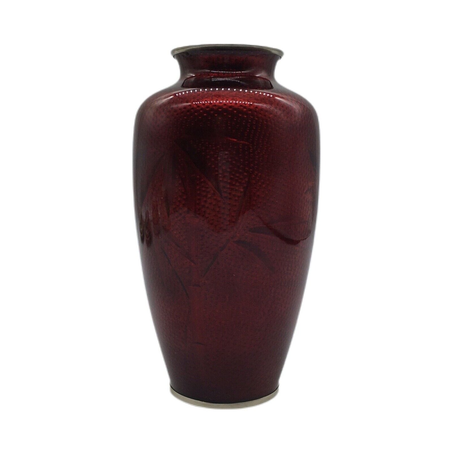 Vintage Floral Cloisonné 7.25" Vase Pigeon Blood Red Imbedded Bird Bamboo Japan