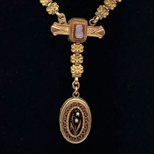Antique Book Chain Necklace Lady Cameo Bar & Lily of the Valley Locket Etched Gf