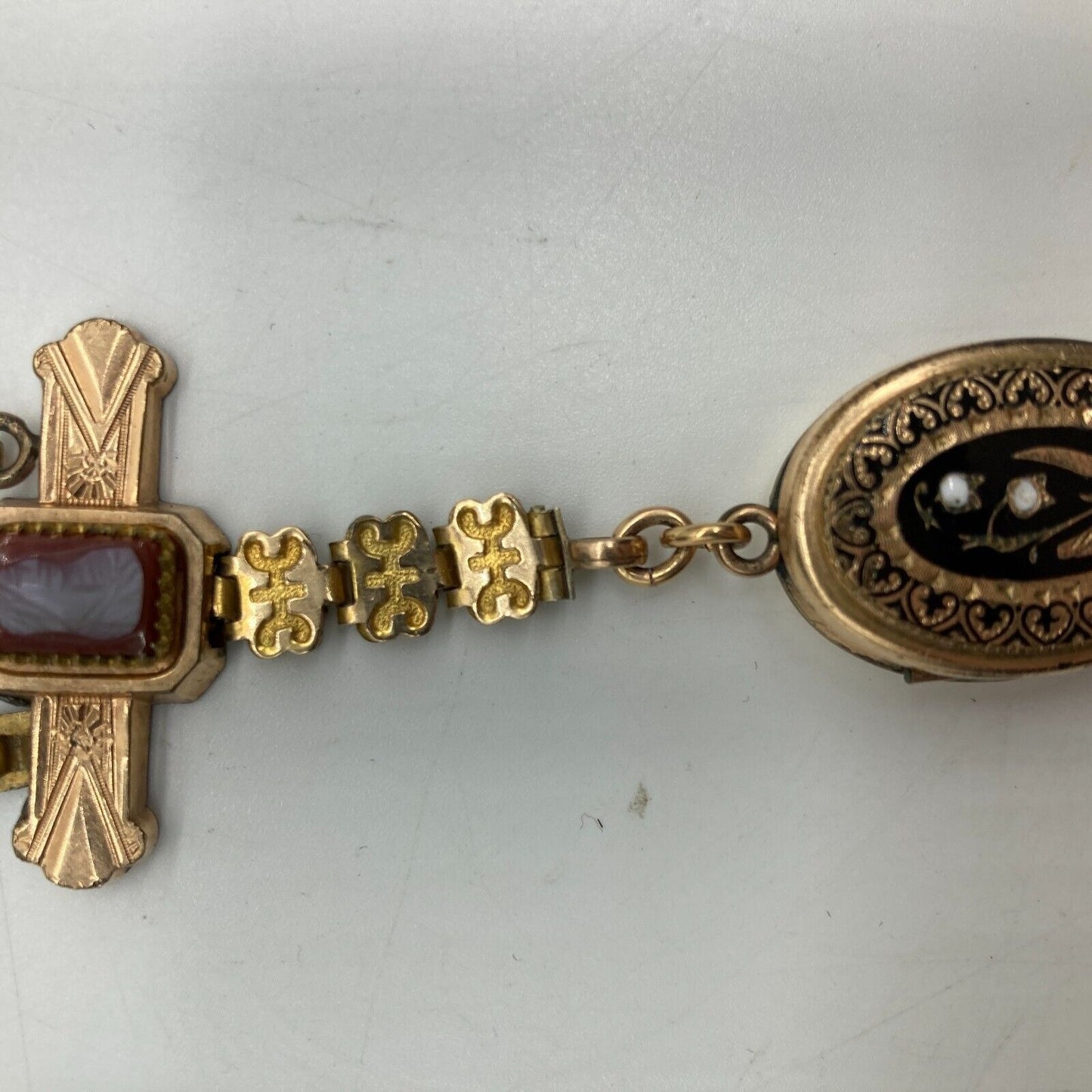 Antique Book Chain Necklace Lady Cameo Bar & Lily of the Valley Locket Etched Gf
