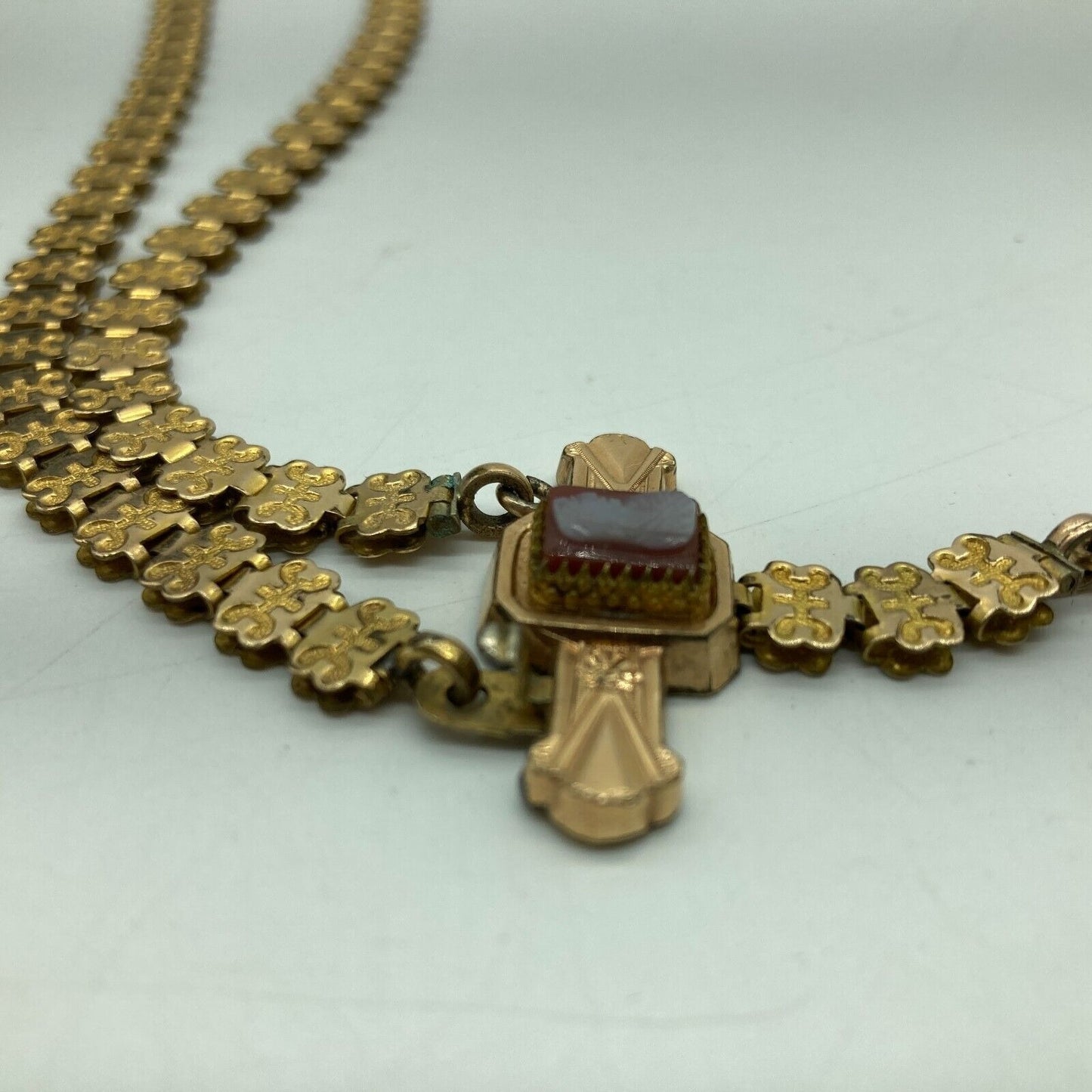 Antique Book Chain Necklace Lady Cameo Bar & Lily of the Valley Locket Etched Gf