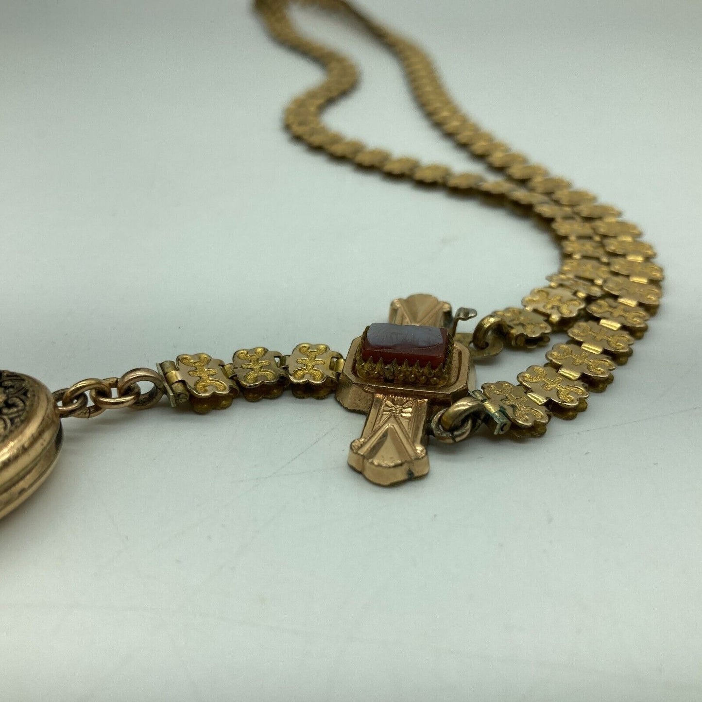 Antique Book Chain Necklace Lady Cameo Bar & Lily of the Valley Locket Etched Gf