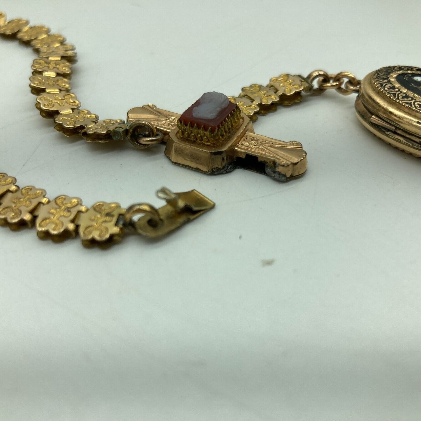 Antique Book Chain Necklace Lady Cameo Bar & Lily of the Valley Locket Etched Gf