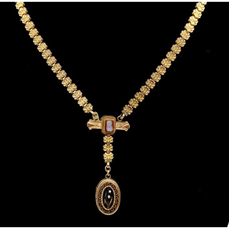 Antique Book Chain Necklace Lady Cameo Bar & Lily of the Valley Locket Etched Gf