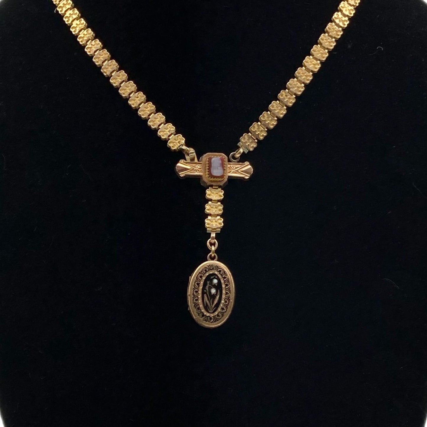 Antique Book Chain Necklace Lady Cameo Bar & Lily of the Valley Locket Etched Gf