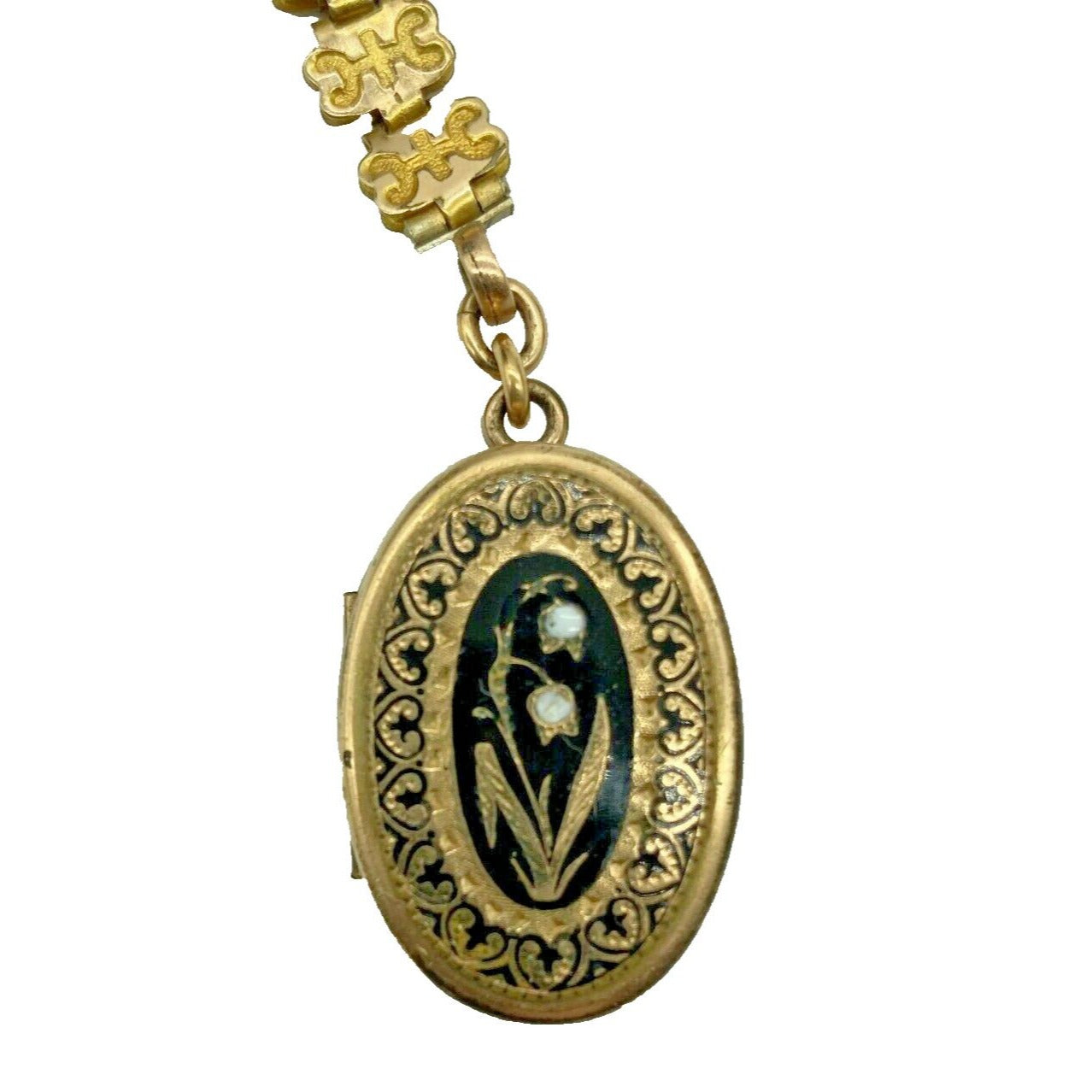Antique Book Chain Necklace Lady Cameo Bar & Lily of the Valley Locket Etched Gf