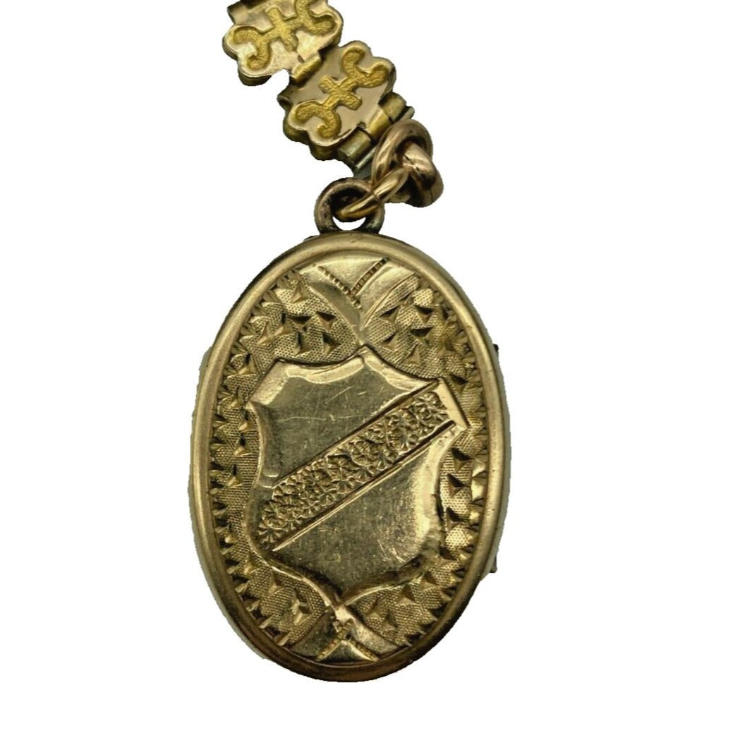 Antique Book Chain Necklace Lady Cameo Bar & Lily of the Valley Locket Etched Gf