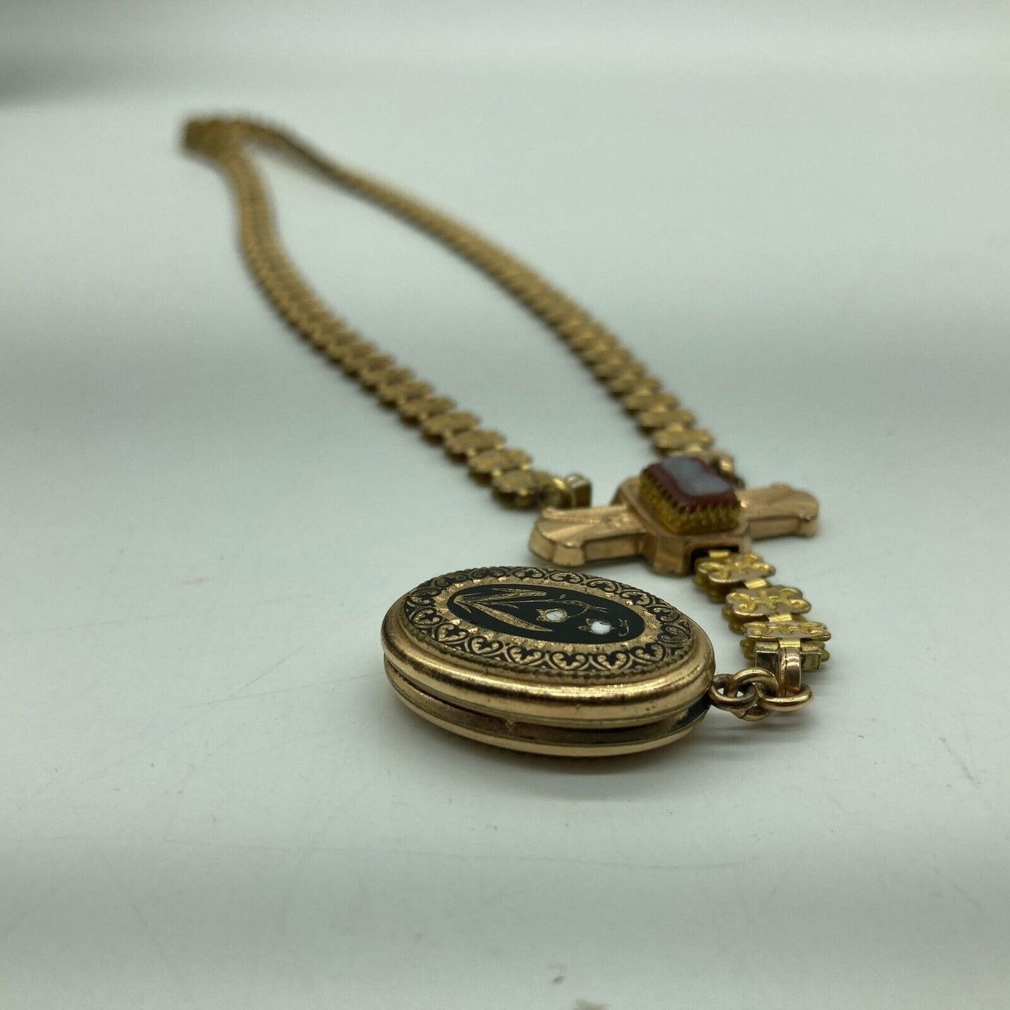 Antique Book Chain Necklace Lady Cameo Bar & Lily of the Valley Locket Etched Gf