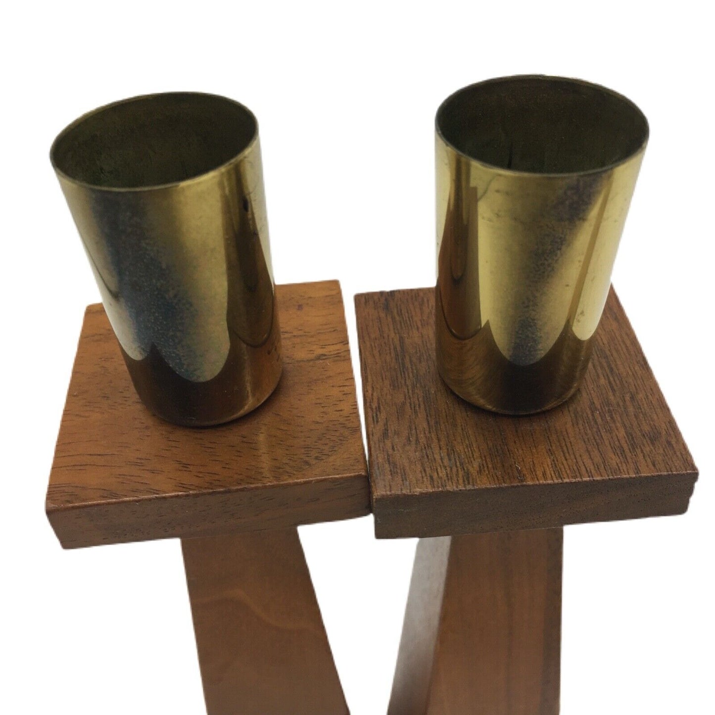 Kustom Kraft Wood & Brass Candlesticks Denmark Mid Century Modern Vintage 1960s